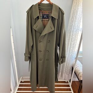 Vintage Burberry Olive Green Trench Coat Belted Nova Check Lined 42 Long L XL